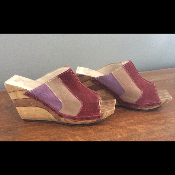 John Fluevog suede open toed clogs